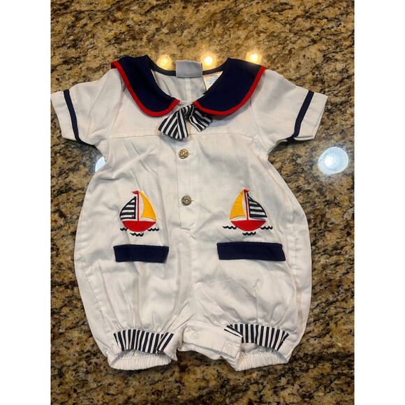 VTG Small Steps Boy Girl 18 Month Nautical Sailor Bubble Romper White Blue - Picture 2 of 13